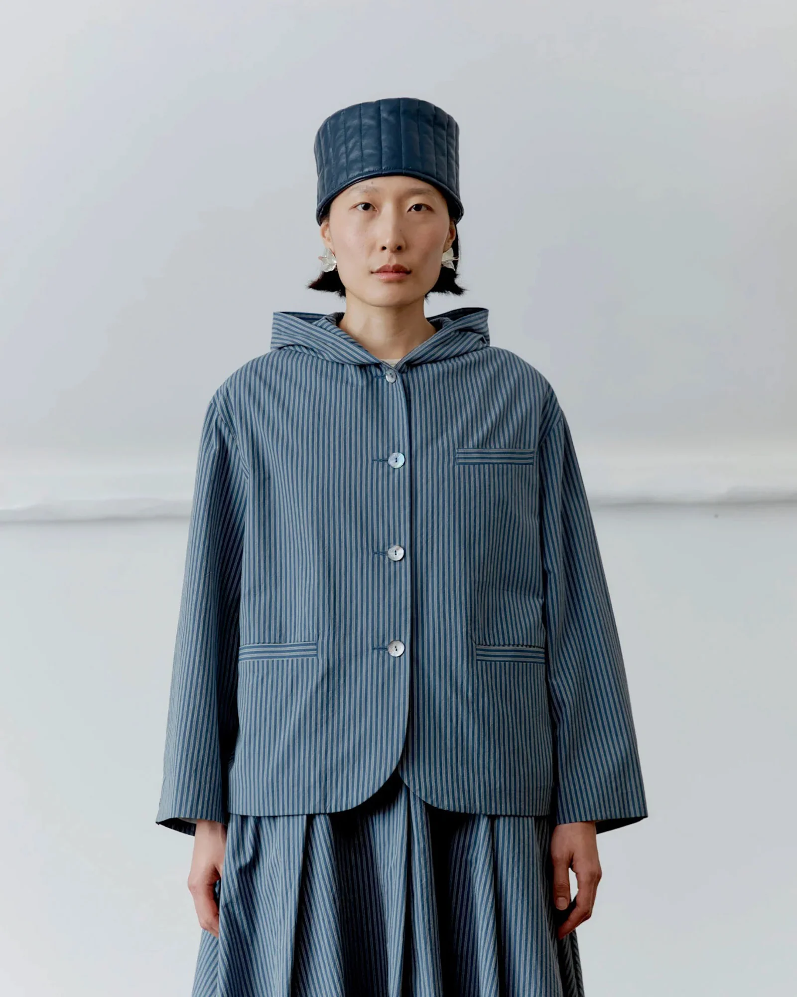 Japanese Cotton Reeva Hooded Shirt | Navy/Camel Stripe