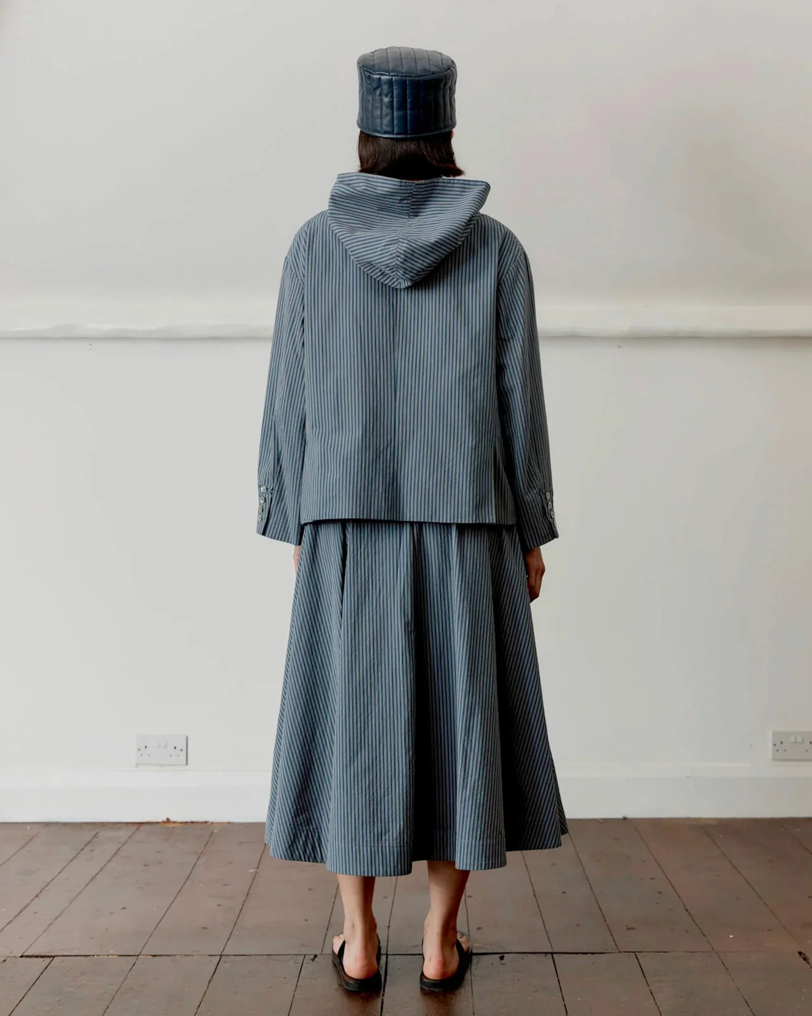 Japanese Cotton Reeva Hooded Shirt | Navy/Camel Stripe - Image 3
