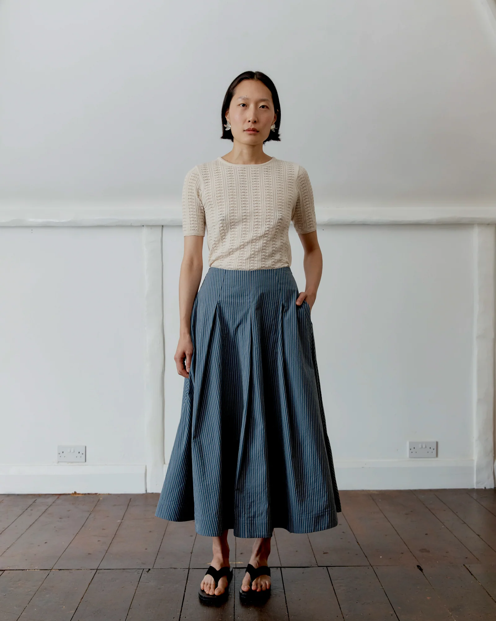 Japanese Cotton Reeva Stevie Skirt | Navy/Camel Stripe
