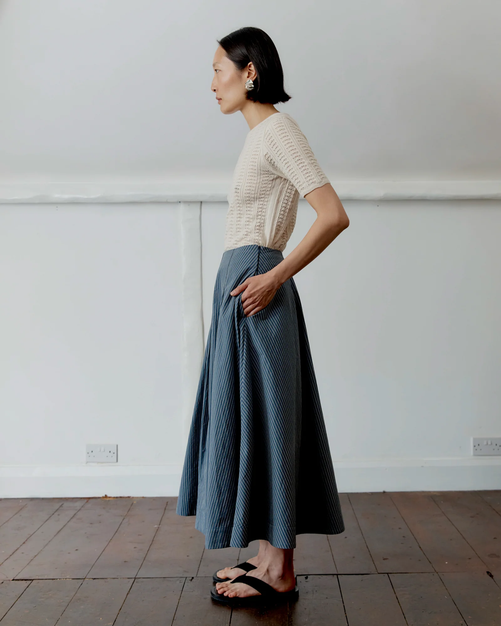 Japanese Cotton Reeva Stevie Skirt | Navy/Camel Stripe - Image 2