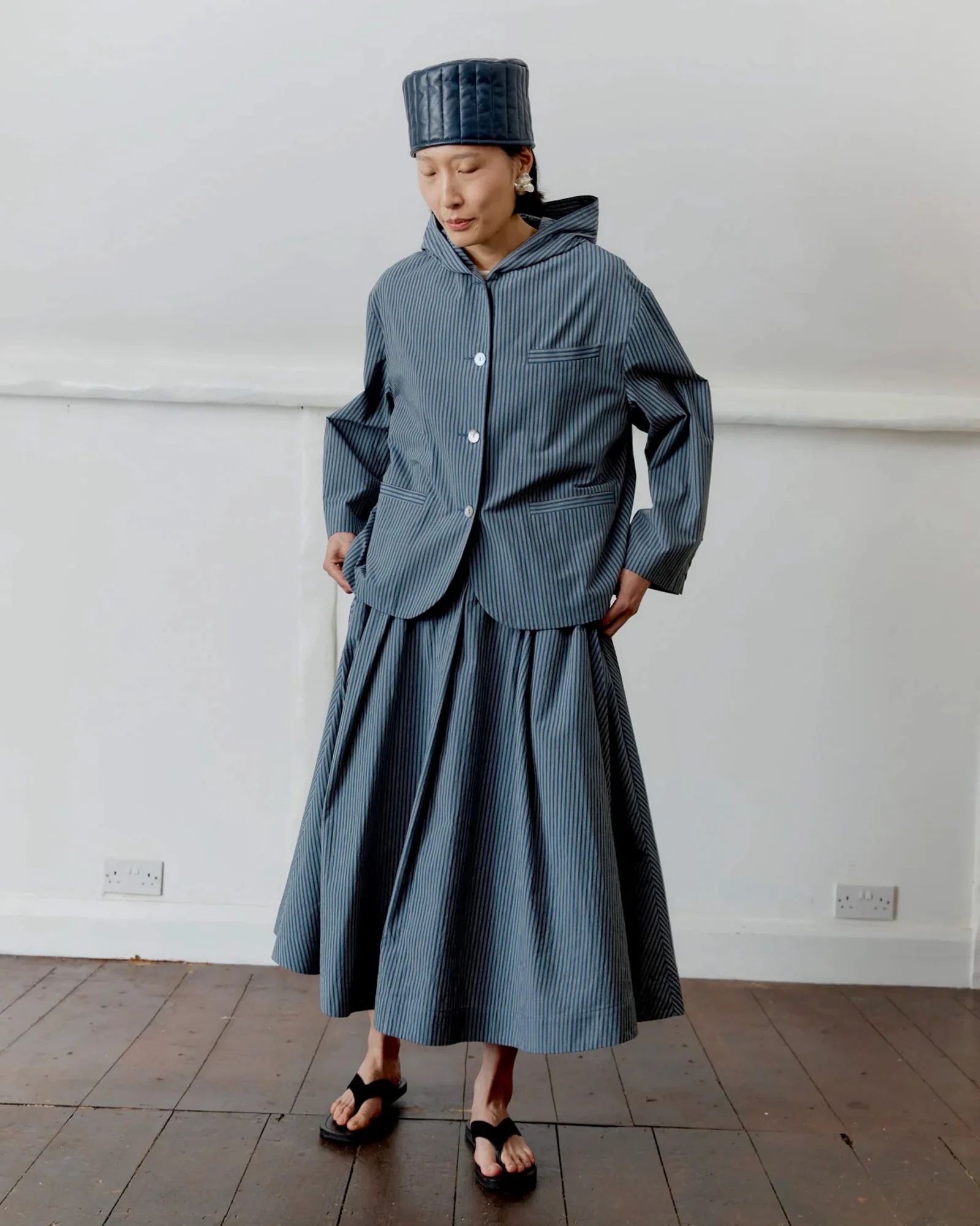 Japanese Cotton Reeva Hooded Shirt | Navy/Camel Stripe - Image 2