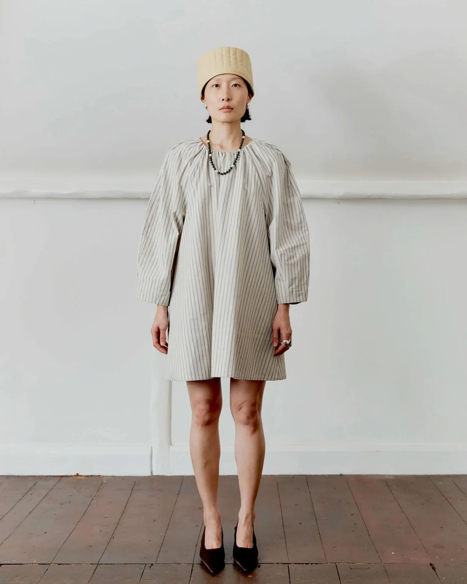Japanese Cotton Tilda Mini Dress |Â Natural/Slate Stripe