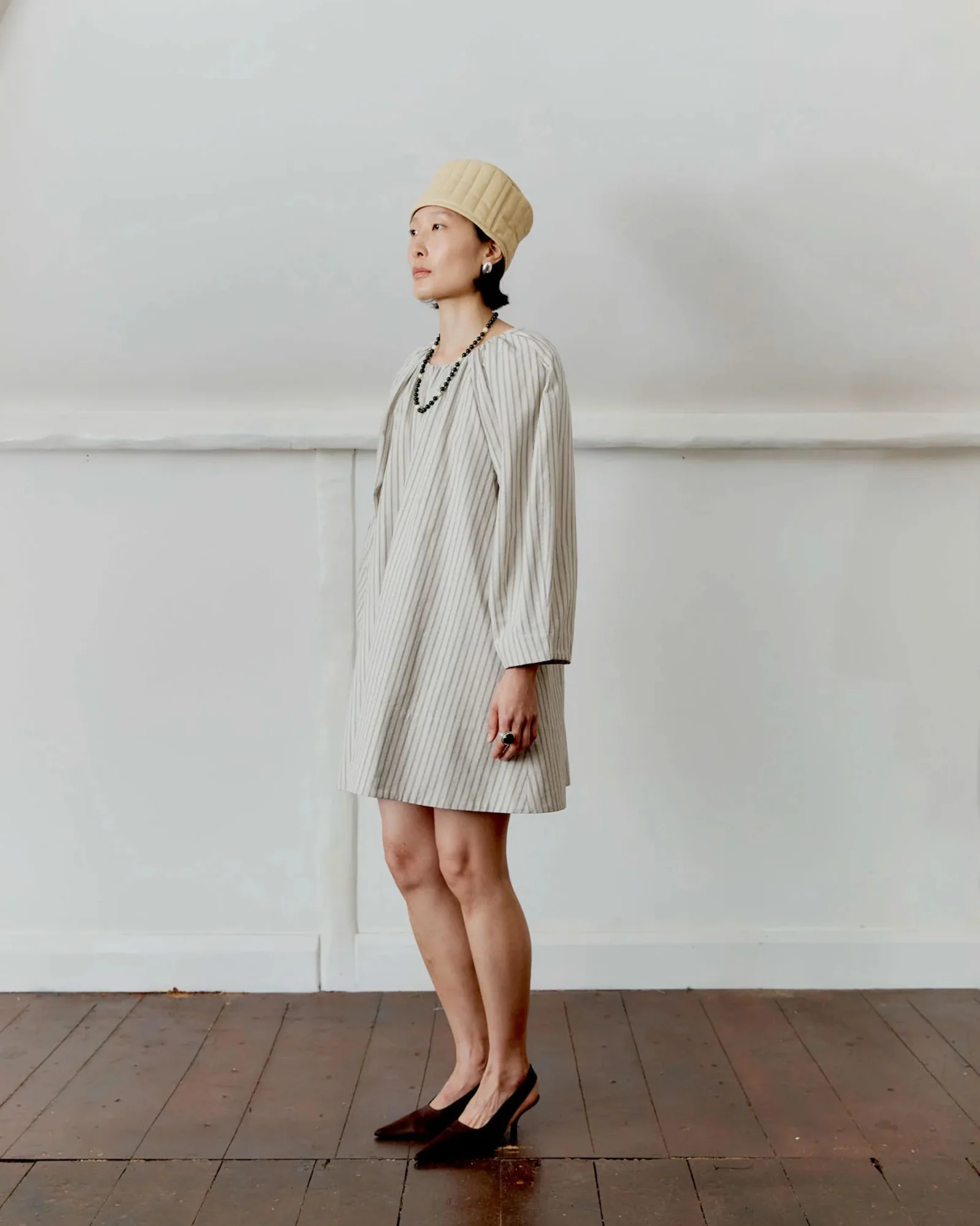 Japanese Cotton Tilda Mini Dress |Â Natural/Slate Stripe - Image 3