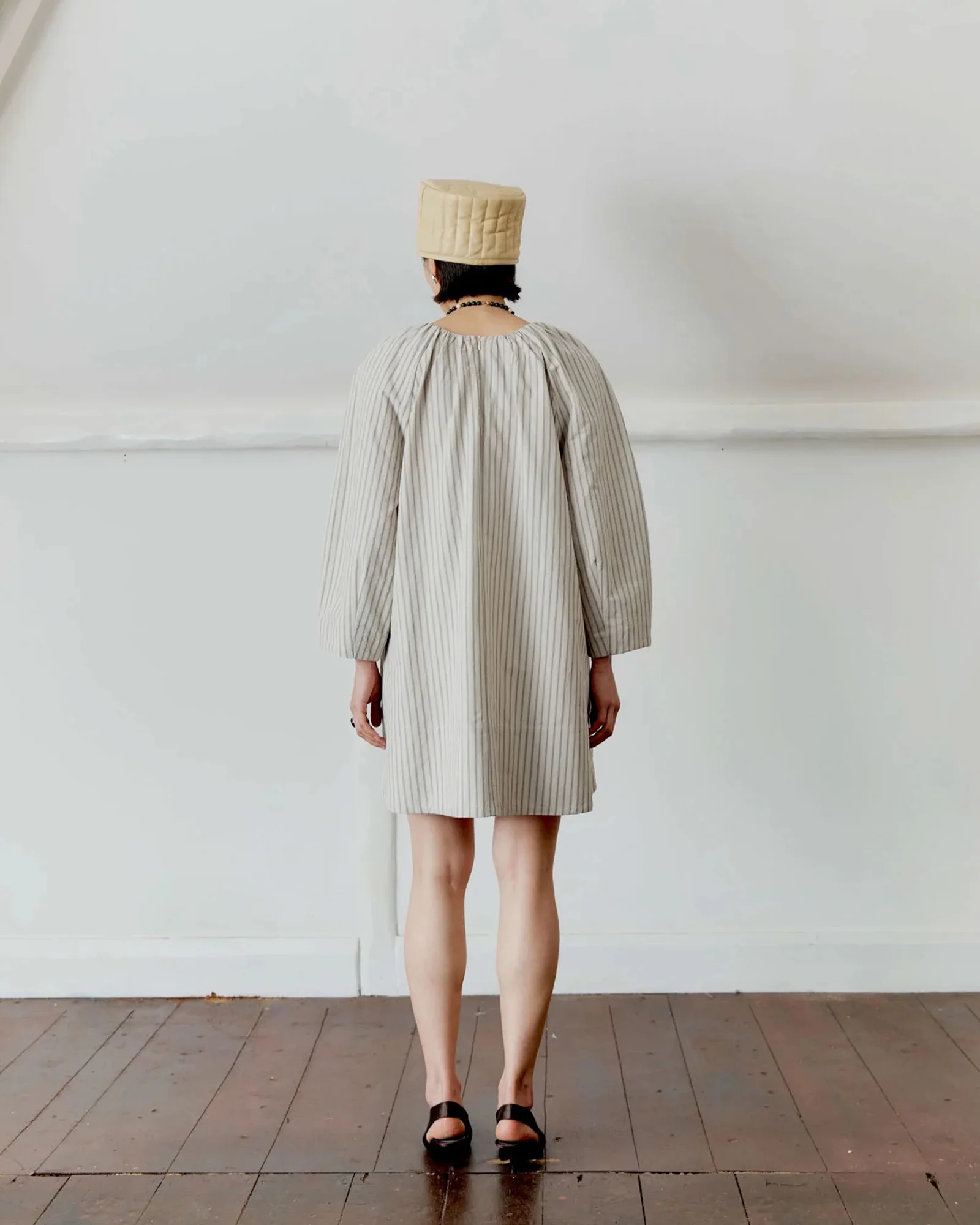 Japanese Cotton Tilda Mini Dress |Â Natural/Slate Stripe - Image 4