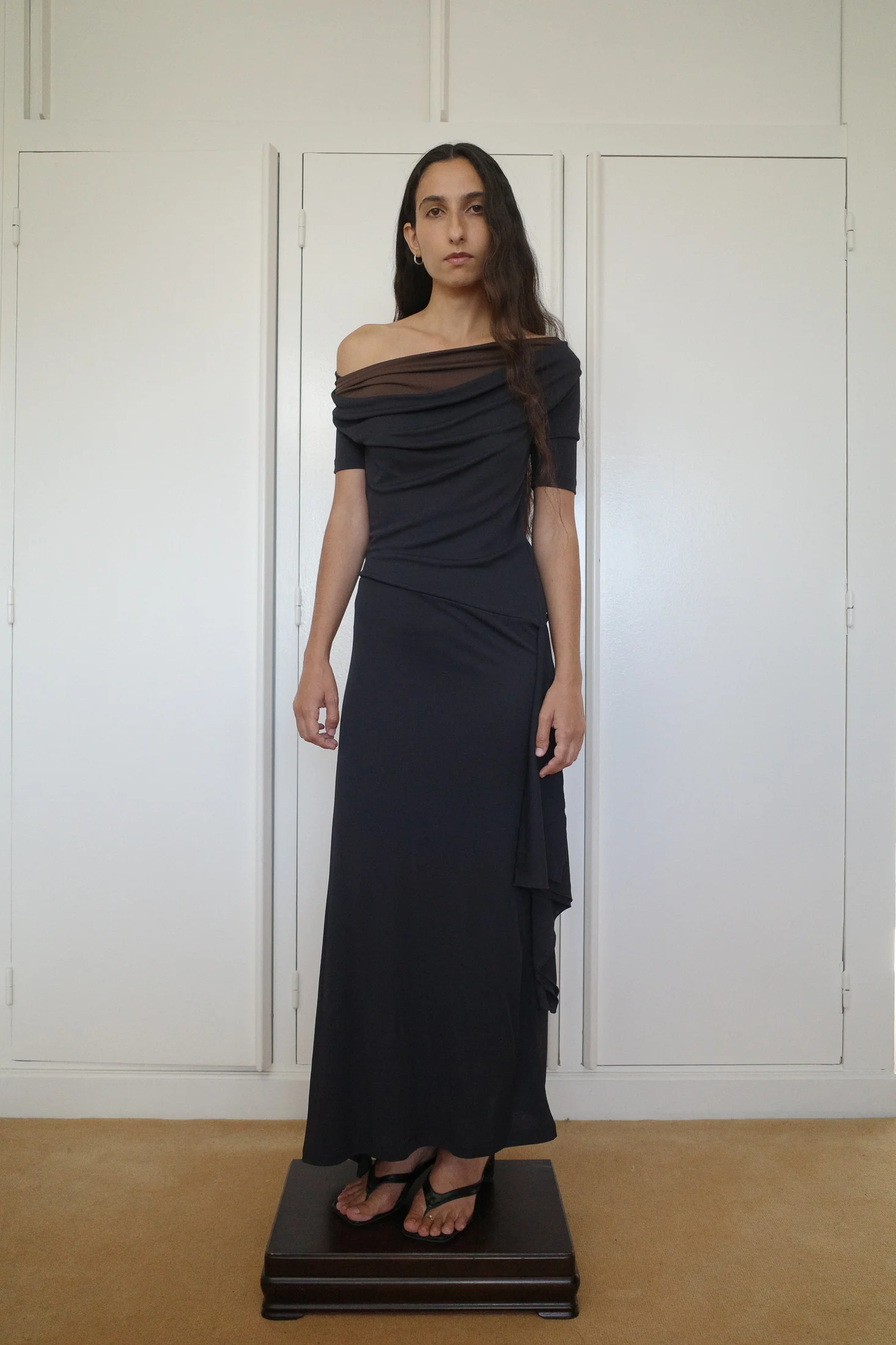 Viscose Jersey Double Collar Dress | Anthracite/Chocolate